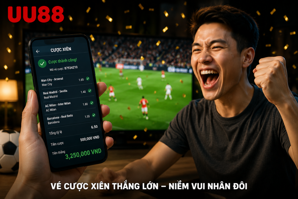 Vé cược kèo xiên chiến thắng cùng hình ảnh ăn mừng sau khi dự đoán chính xác nhiều trận đấu