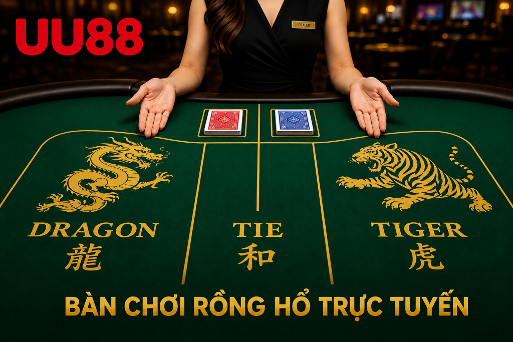 Bàn chơi Rồng Hổ trực tuyến với hai vị trí cược Dragon và Tiger.
