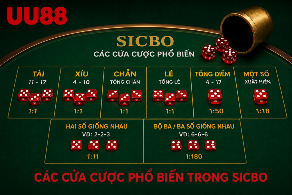 Các cửa cược phổ biến trên bàn Sicbo